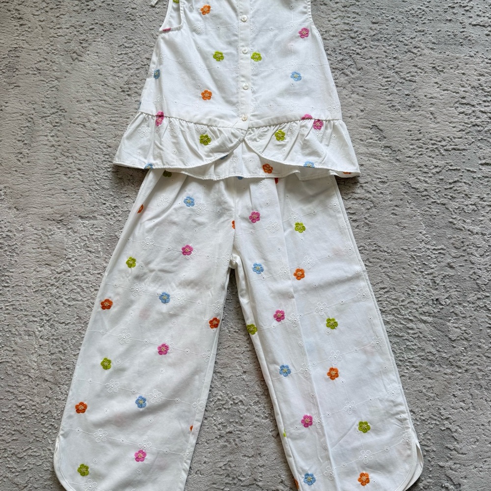 Zara White Floral Embroidered Kids Matching Set with Multicolor Flowers